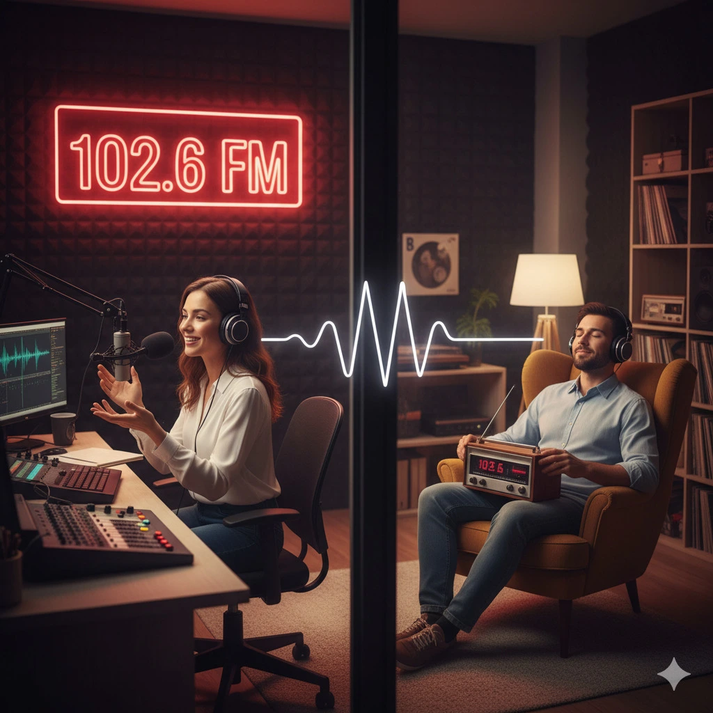 Ilustrasi penyiar dan pendengar radio
